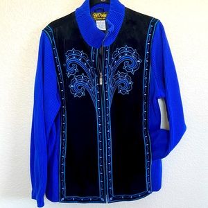 Bob Mackie Royal Blue Black Leather Jacket Sweater